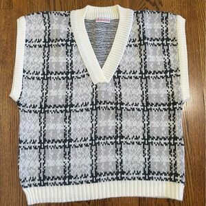 Dolores Vintage Sweater Vest V Neck Off White Light Dark Gray Size Large